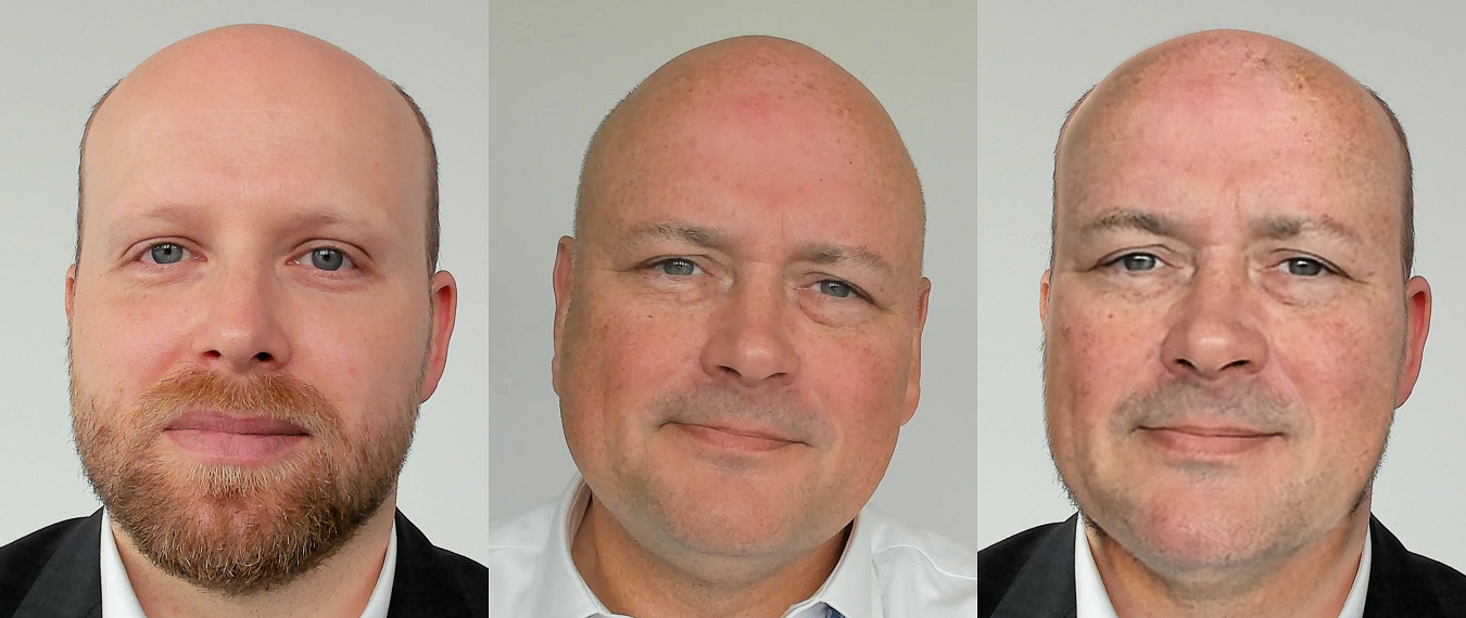 Vom Originalbild zum Deepfake. Links und in der Mitte handelt es sich um die Originalaufnahmen der realen Personen. Rechts wurde das Gesicht von Herr Schönbohm (Mitte) mittels KI auf das Gesicht der anderen Person übertragen.